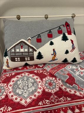 Holiday Ski Lodge Decorative Throw Pillow - Gray, Red, White